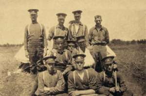 Our tent Camp Hughes Manitoba  1916. L. Cunningham rear, far right, no cap.